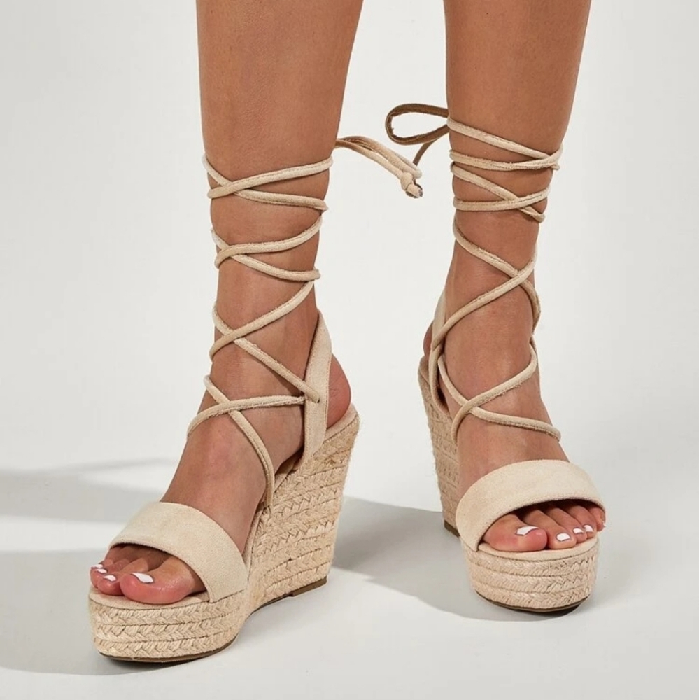 Shein Tie Leg Espadrille Heeled Wedge Sandals